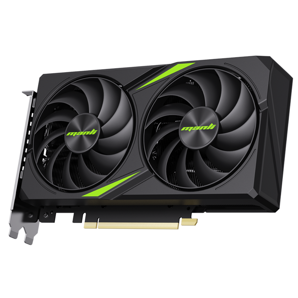 Manli GeForce RTX 5060 8GB GDDR7 dual-fan graphics card, angled view (M-N506NV2/D78G-M2677)