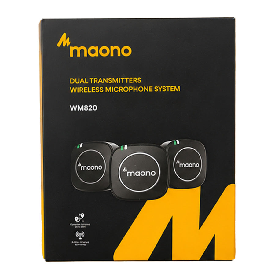 Maono WM820 A2 Dual-Channel Wireless Microphone System, 2.4GHz, 2 Transmitters + 1 Receiver, Rechargeable, (AU-WM820A2)