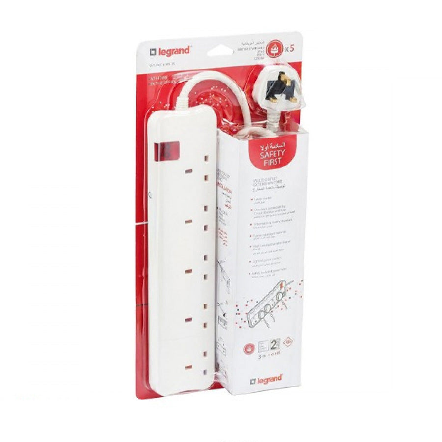 Legrand 5-Socket Power Extension, 3m Cable, Child Safety Shutters, Illuminated On/Off Switch, White, (COD 5 WAY 3m)
