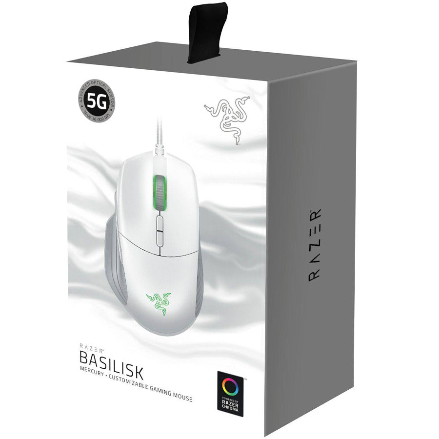 Razer Basilisk Wired Gaming Mouse, 16,000 DPI 5G Optical Sensor, 8 Programmable Buttons, Chroma RGB, Mercury White, (RZ01-02330300-R3M1)