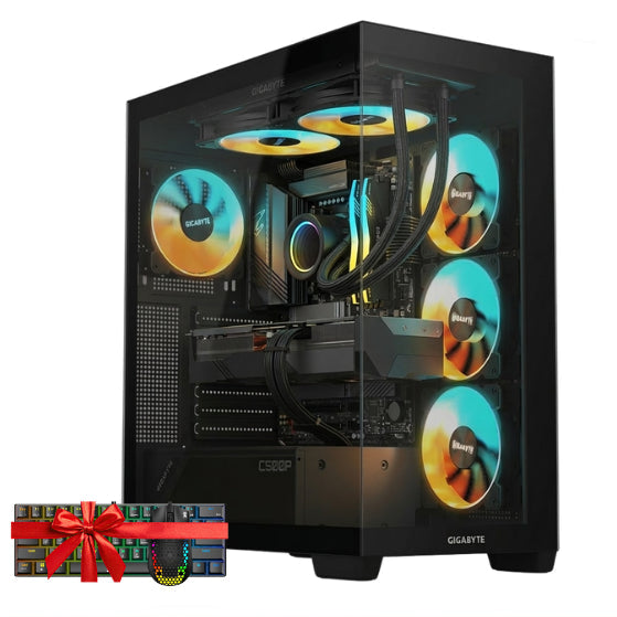 Gigabyte desktop PC build kit featuring a black tower case with RGB fans, an R5 7600X CPU, and an RX 9070 GPU, shown with promotional text and specifications on a white background.

