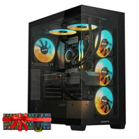 Gigabyte desktop PC build kit featuring a black tower case with RGB fans, an R5 7600X CPU, and an RX 9070 GPU, shown with promotional text and specifications on a white background.

