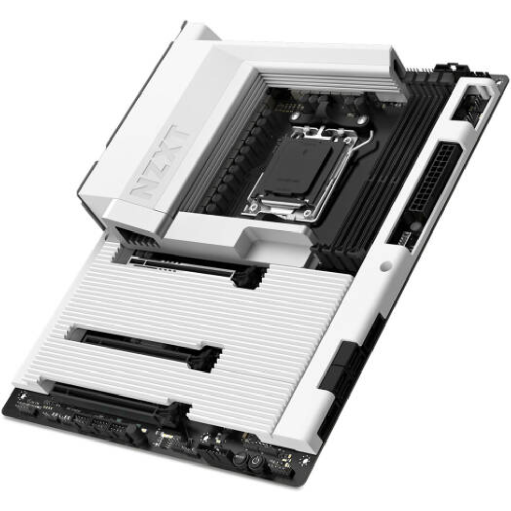 NZXT N7 B850 ATX AM5 motherboard in white with full PCB cover, N7-B85XT-W1