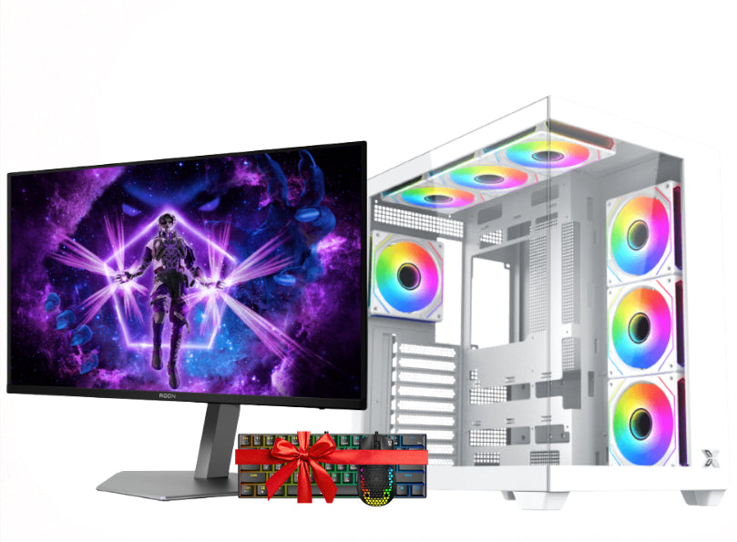 Promotional graphic for a RTX 5070 Ti gaming PC bundle, showing a white computer case with RGB fans, a monitor with a purple gaming wallpaper, a gift box, and specification badges on a white background with a red vertical banner.

