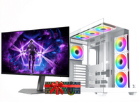 Promotional graphic for a RTX 5070 Ti gaming PC bundle, showing a white computer case with RGB fans, a monitor with a purple gaming wallpaper, a gift box, and specification badges on a white background with a red vertical banner.

