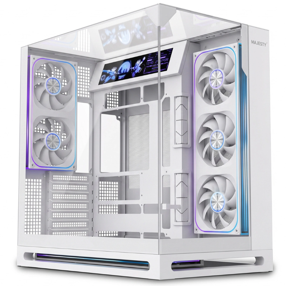 MAJESTY FALCON X7 Gaming Case with 11" Built-in Screen (CASE-417) - 7 ARGB Fans, ATX / Micro-ATX / Mini-ITX, USB Type-C, White