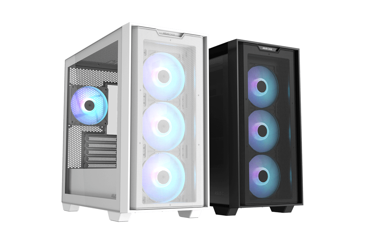 ASUS A21 PLUS micro-ATX case builds in white and black, showing the white tempered glass version