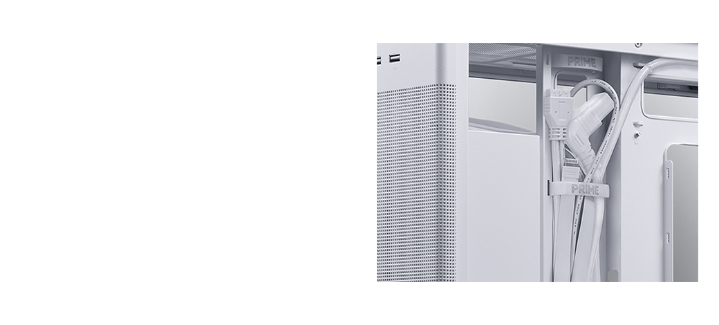 ASUS Prime AP201 Tempered Glass white micro-ATX case with right side panel removed showing colour-matched cables