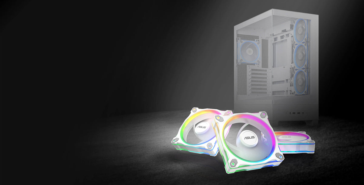 Three white ASUS Prime MR120 ARGB fans stacked in front of a white PC case, official ASUS image