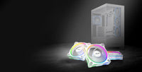 Three white ASUS Prime MR120 ARGB fans stacked in front of a white PC case, official ASUS image