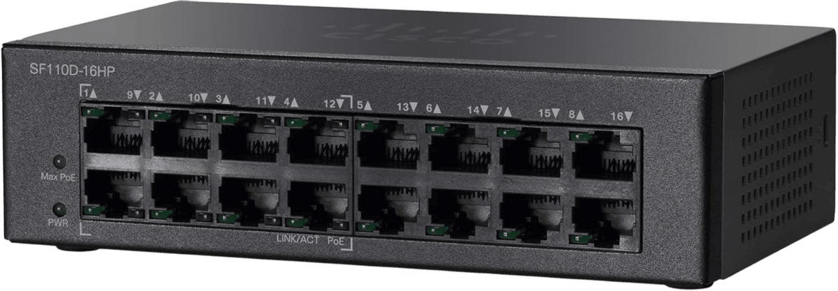 Cisco SF110D-16HP 16-Port 10/100 PoE Desktop Switch, Unmanaged, 8x PoE Ports, 64W PoE Budget, (SF110D-16HP-UK)