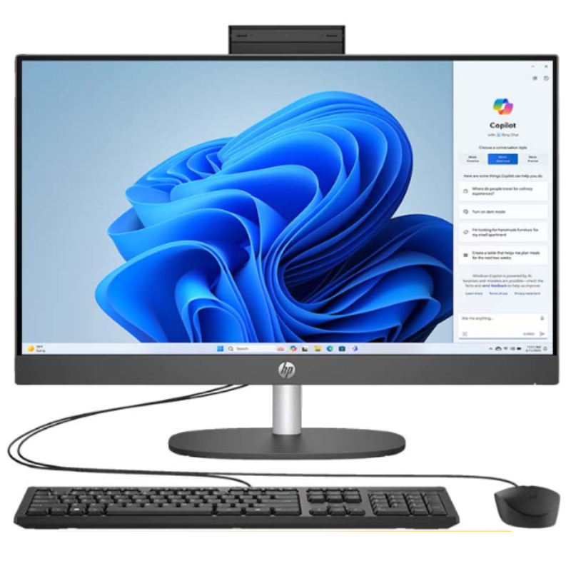 HP ProOne 240 G10 all-in-one PC in black with 23.8 inch Full HD display, keyboard and mouse