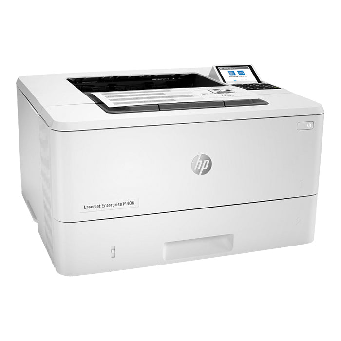 HP LaserJet Enterprise M406dn printer angled front view