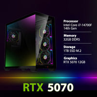 PC Gaming Intel Core i7-14700F Processor, 32GB Ram, 1TB SSD M.2, RTX 5070 12GB GPU, Windows 11 Professional - Black