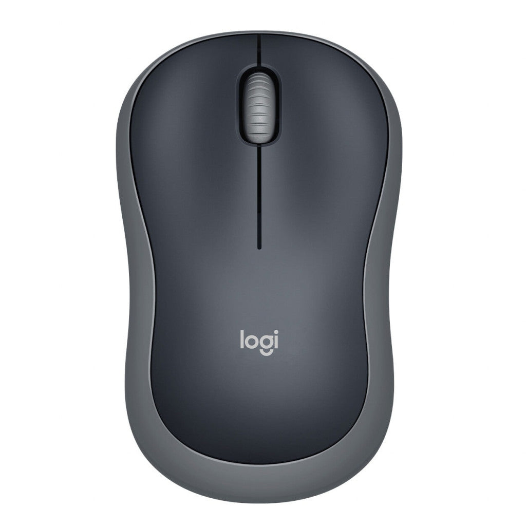 Logitech M185 wireless mouse in Swift Grey, top view with scroll wheel