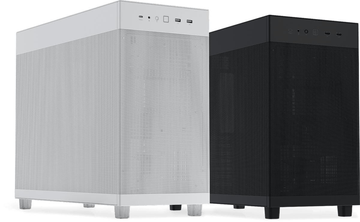 ASUS Prime AP303 mesh panel ATX case in white shown beside the black version