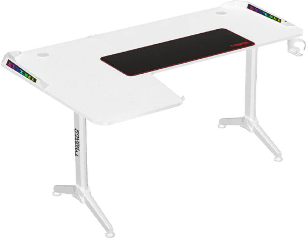 Twisted Minds Warrior L-shaped white RGB gaming desk front view