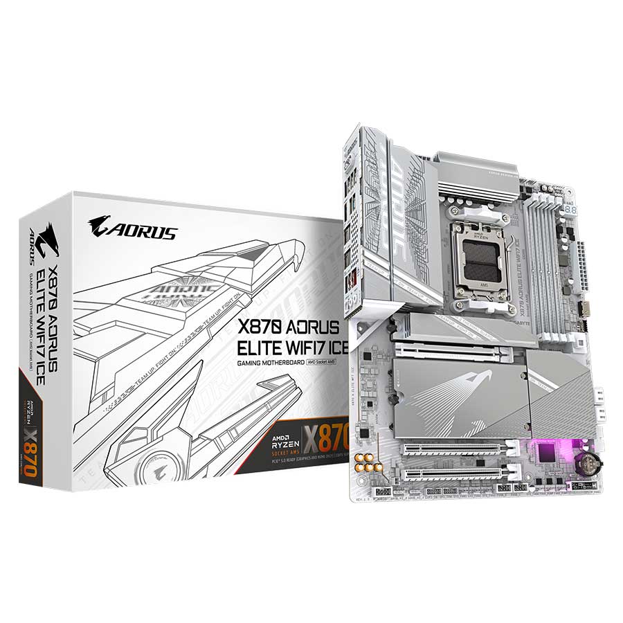 GIGABYTE X870 AORUS ELITE WIFI7 ICE ATX Motherboard, AMD AM5 for Ryzen 9000/8000/7000, DDR5, PCIe 5.0, 4x M.2, Wi-Fi 7, Bluetooth 5.4, 2.5GbE, USB4, White, (X870 A ELITE WF7 ICE)