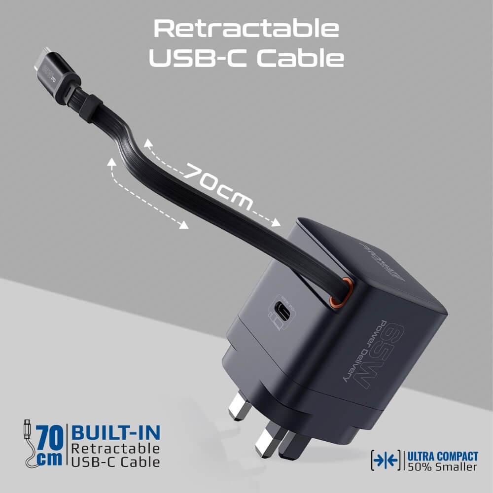 Promate Cubix-R65 65W GaN Wall Charger, Built-in Retractable USB-C Cable, USB-C PD Port, Black, (CUBIXR65)