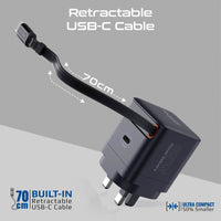 Promate Cubix-R65 65W GaN Wall Charger, Built-in Retractable USB-C Cable, USB-C PD Port, Black, (CUBIXR65)