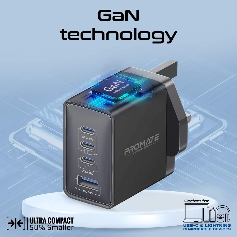 Promate GaNPort4-67PD 67W GaN Wall Charger, 4 Ports, USB-C Power Delivery, USB-A Quick Charge 3.0, Black, (GaNPort4-67PD)