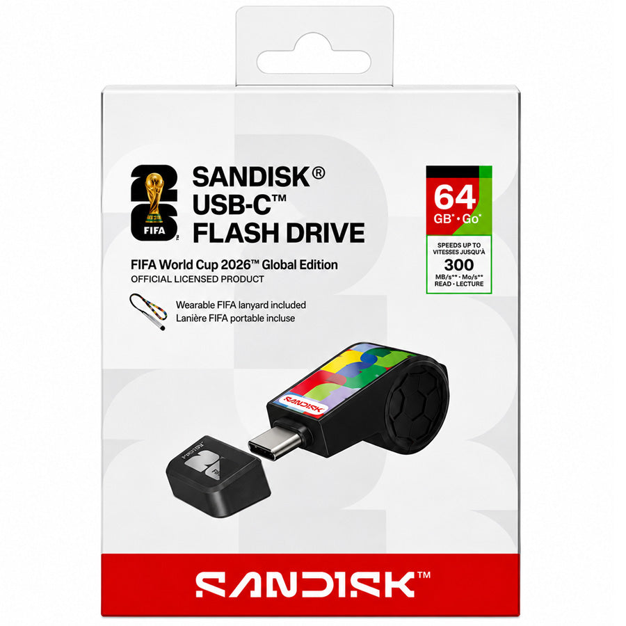 SanDisk FIFA World Cup 2026 64GB USB-C flash drive front view