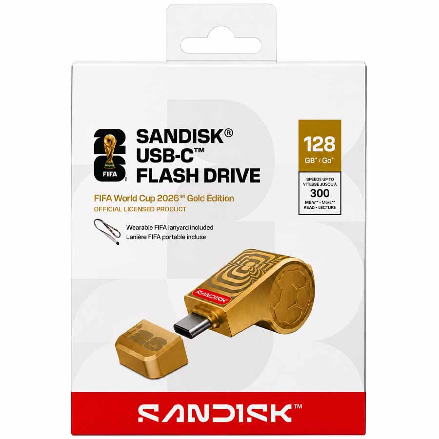 SanDisk FIFA World Cup 2026 Gold Edition 128GB USB-C flash drive front view