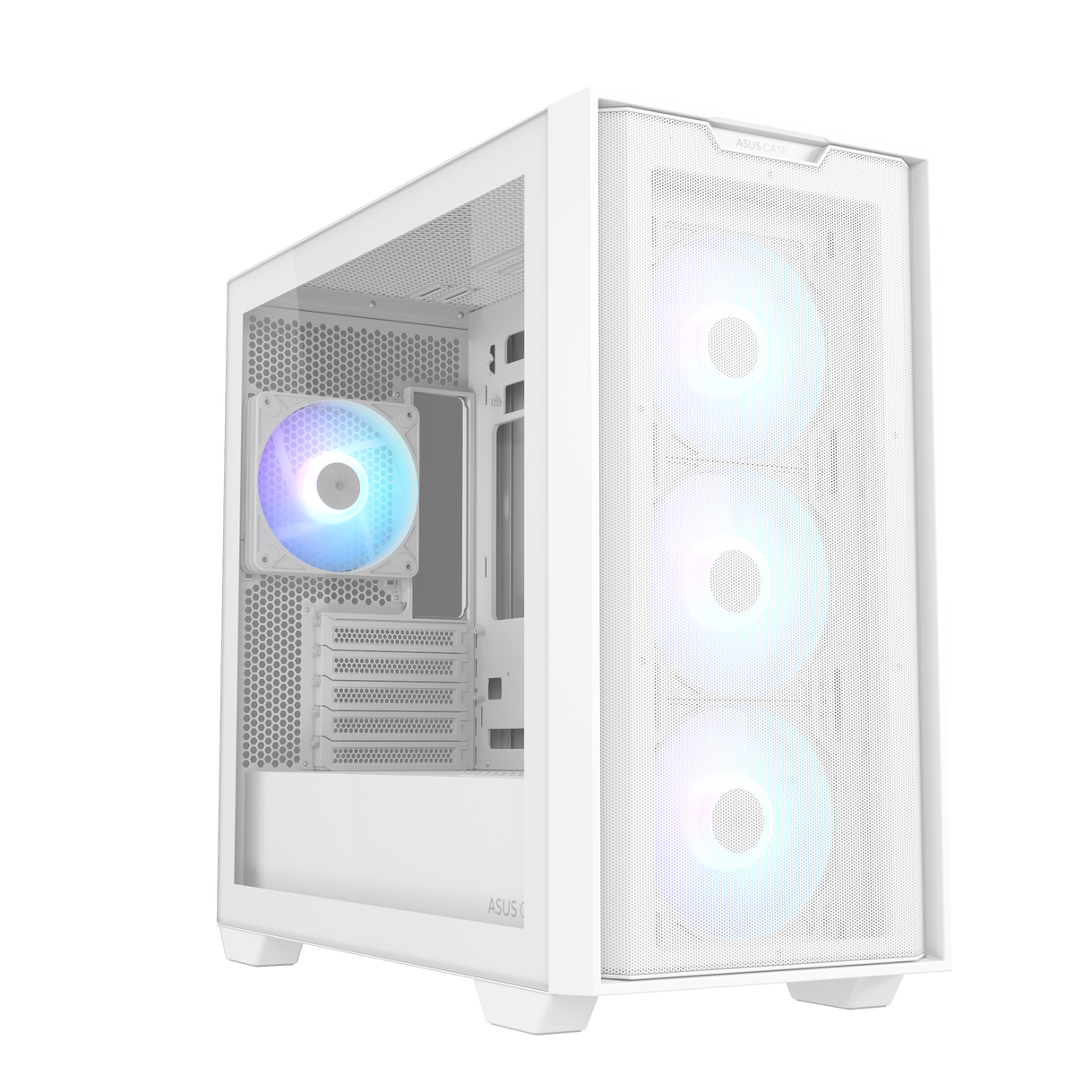 ASUS A21 PLUS TG ARGB white micro-ATX case 90DC00H3-B19010 hero view showing front and left side