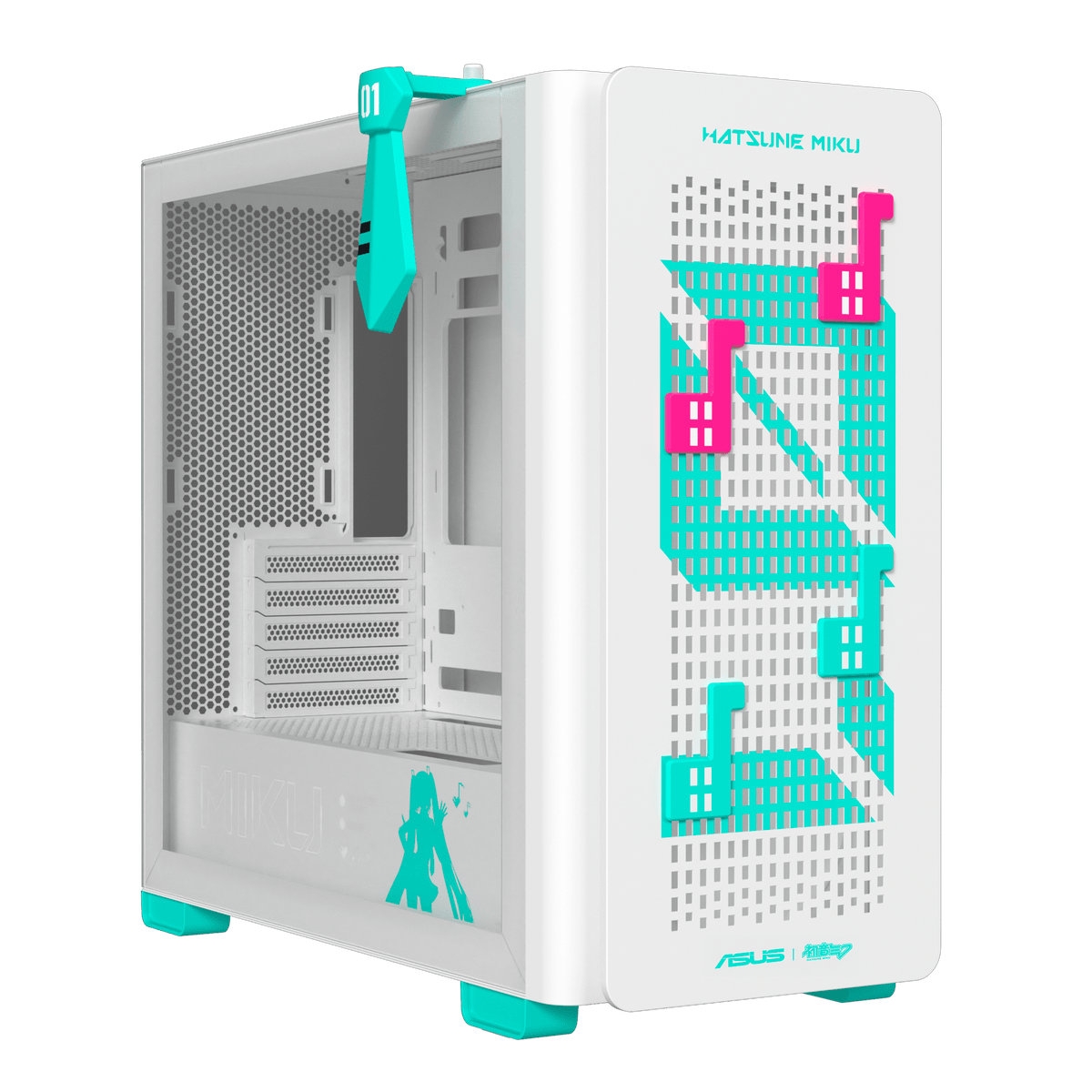 ASUS A23 Hatsune Miku Edition micro-ATX case 90DC00K3-B09010 hero view showing front and left side