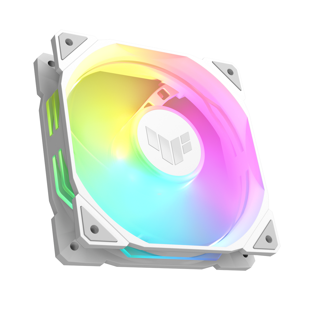 ASUS TUF Gaming TR120 ARGB Reverse white 120mm case fan single pack 90DA00D3-B09000 hero view with ARGB lighting