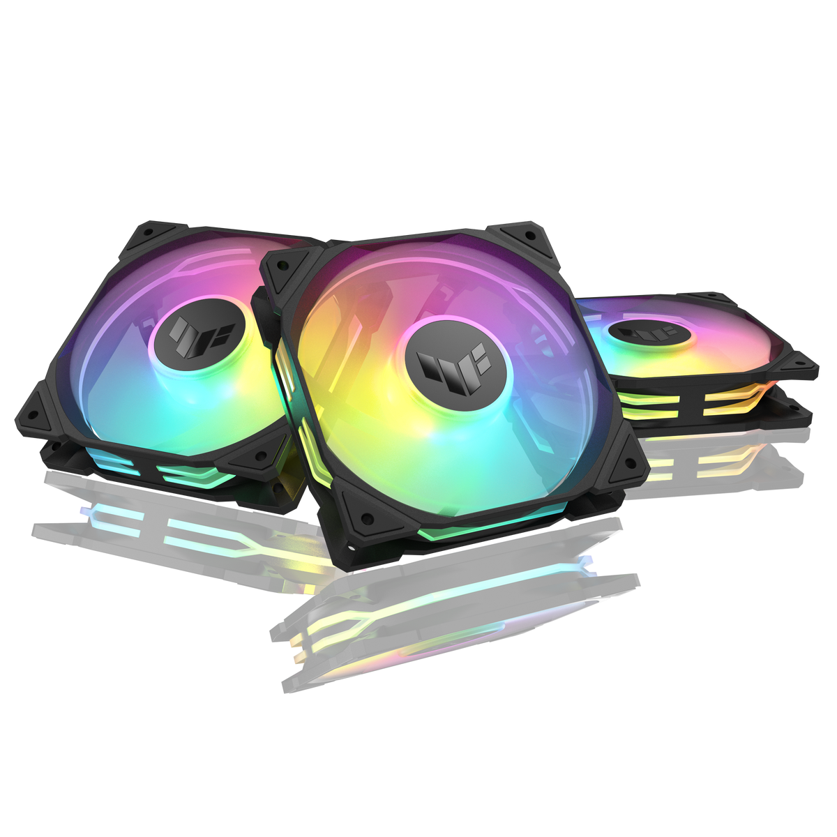 ASUS TUF Gaming TR120 ARGB Reverse black 120mm case fan triple pack 90DA00D0-B09020 hero view with ARGB lighting
