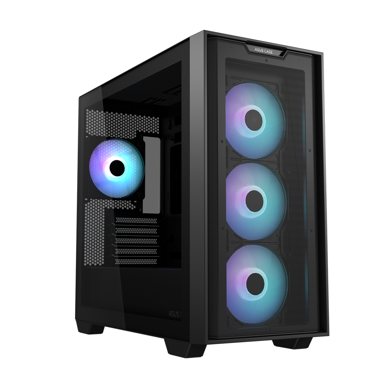 ASUS A21 PLUS TG ARGB black micro-ATX case 90DC00H0-B19010 hero view showing front and left side