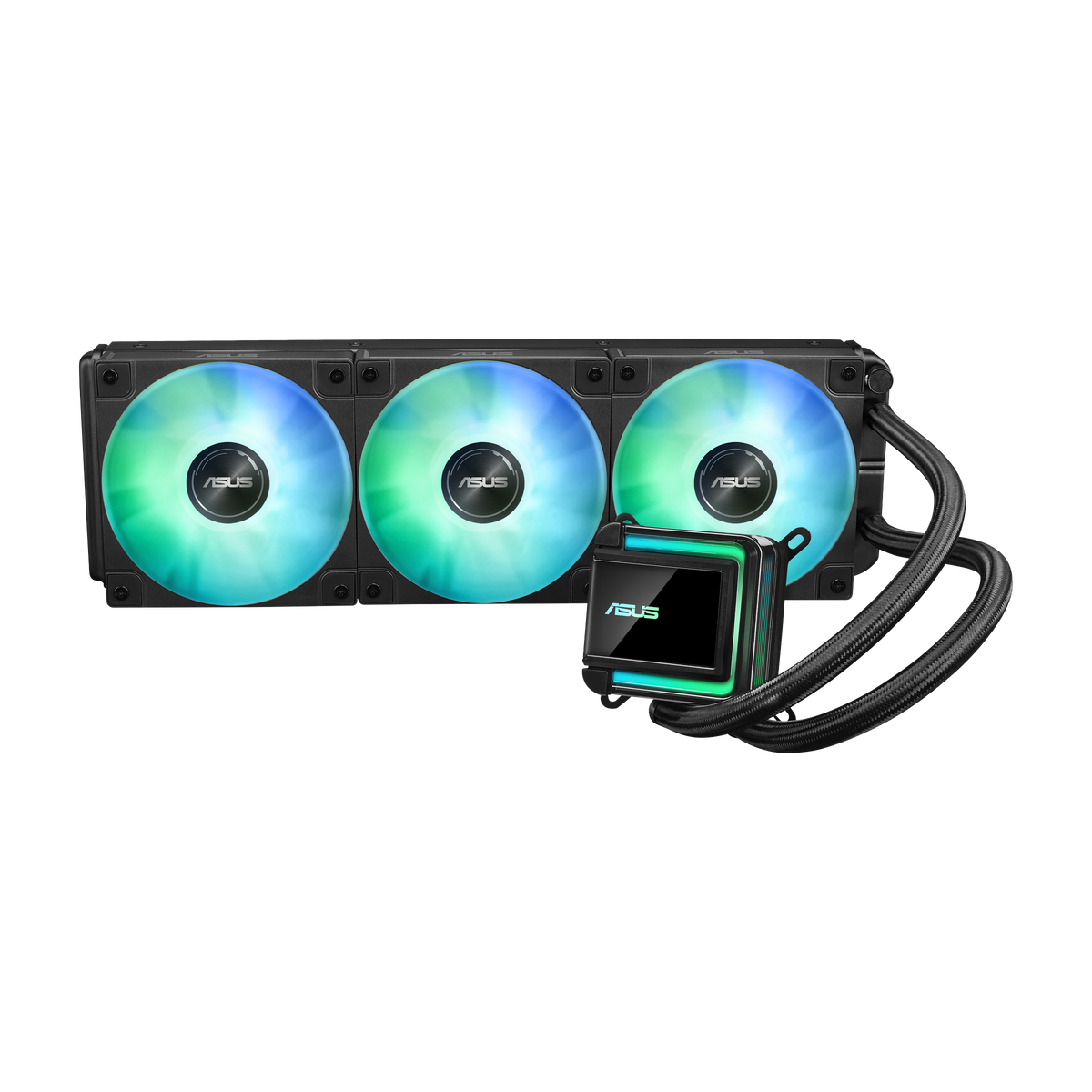 ASUS LC 360 ARGB AIO liquid cooler three-quarter view with three ARGB fans and sleeved tubing