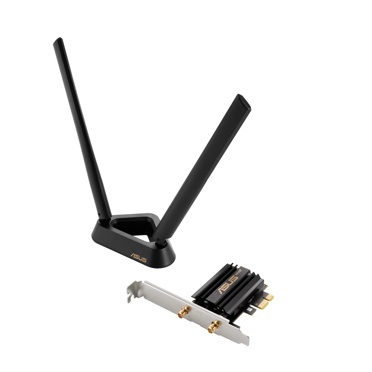 ASUS PCE-AXE59BT Wi-Fi 6E PCIe adapter front view tilted 45 degrees with antenna open