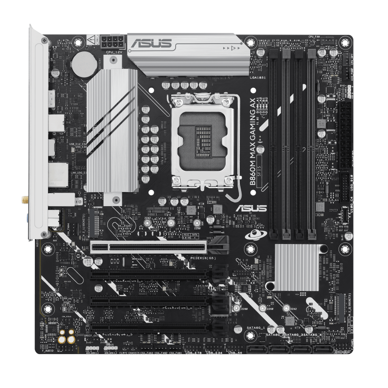 ASUS B860M MAX GAMING AX Intel LGA1851 micro-ATX motherboard front view
