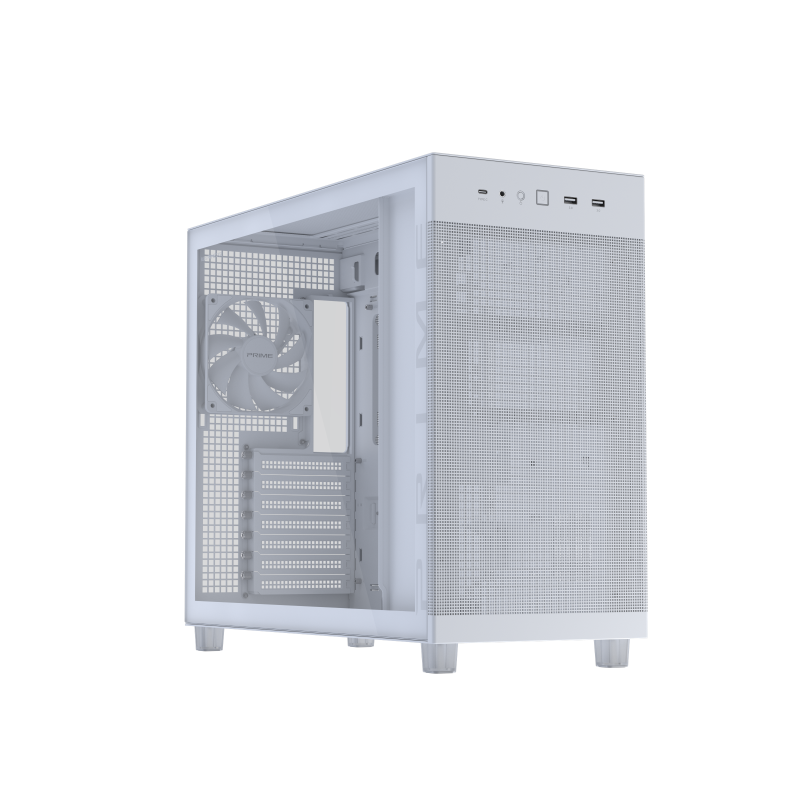 ASUS Prime AP303 Tempered Glass white ATX case front and left side view