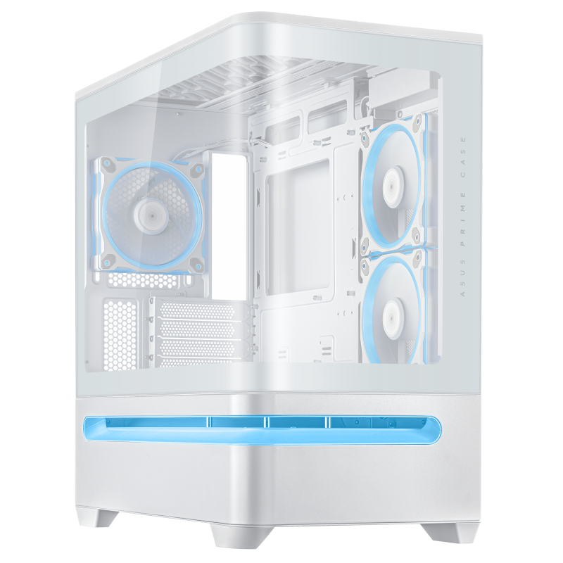 ASUS Prime AP202 ARGB white micro-ATX case front and left side with ARGB lighting bar
